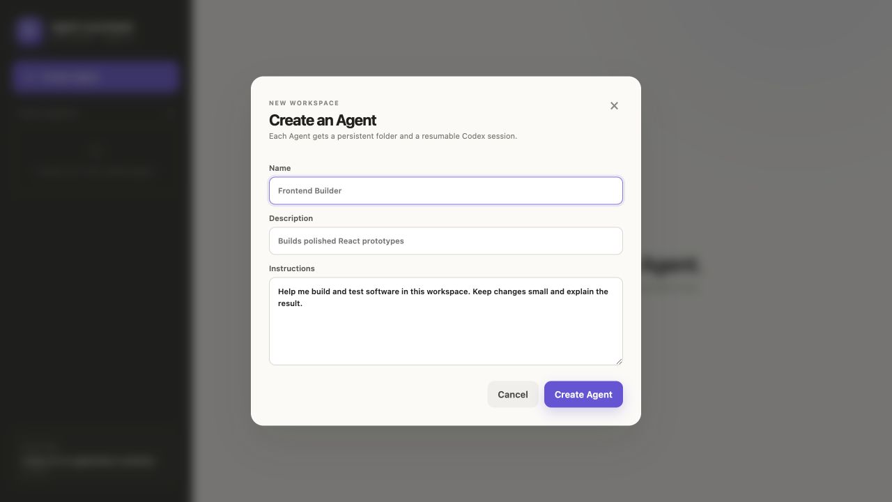 Create Agent form showing name, description, and workspace instructions