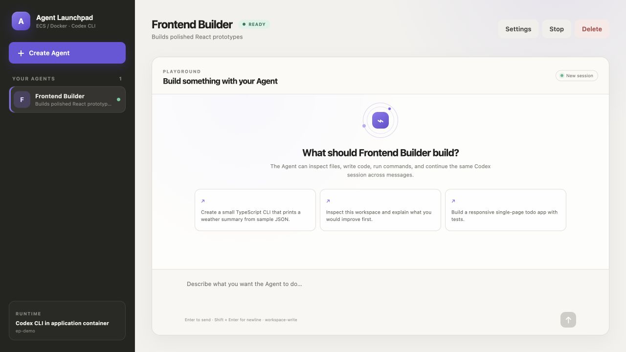 Agent Playground showing lifecycle controls, starter prompts, and the Agent Runtime
